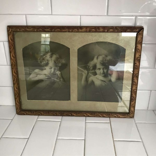 Antique Photos 1897 signed cherub asleep cherub awake framed & matted in Antique wooden ornate frame M.B. Parkinson signed 11"x15"