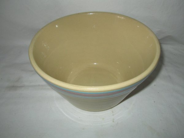 Antique Pink and Blue Stripe Pottery Mixing Bowl Watt no. 9 USA Ovenware Bowl Great Condition Cookies, Dough, Cake, Kitchen Display Ribbed