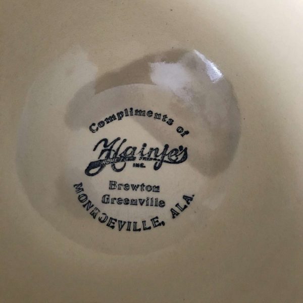 Antique Pottery Mixing Bowl Advertising Hainje's Brewton Greenville Monrovelle, ALA Farmhouse kitchen Ovenware Collectible Display