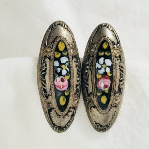 Antique Screw Back Earrings Victorian Hand painted 12kt gold filled 1/20 Mourning Jewelry Enameled Centers long oval collectible jewelry