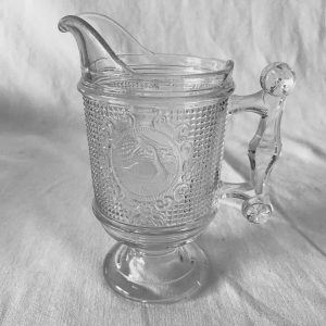 Antique Swan and Mesh pattern Cream pitcher Creamer Glass with Unique handle Canton Glass Co. made in 1882