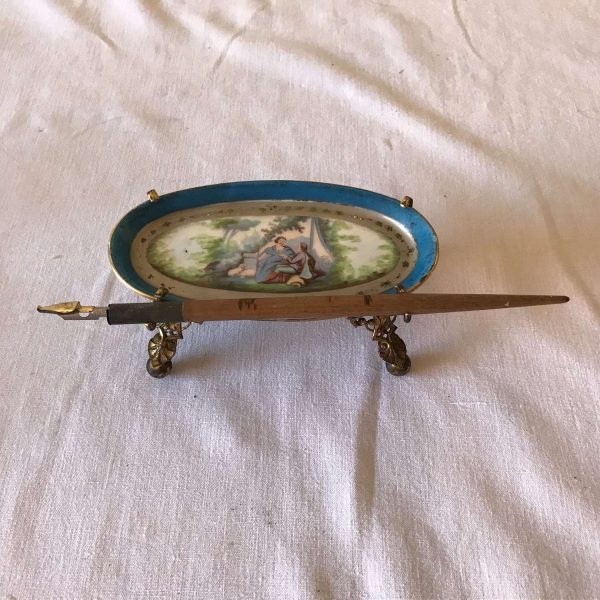 Antique1850's-70's Sevres Ormolu Fountain Pen Holder and tray Fine bone china hand painted Courting couple Aqua Blue lavender green