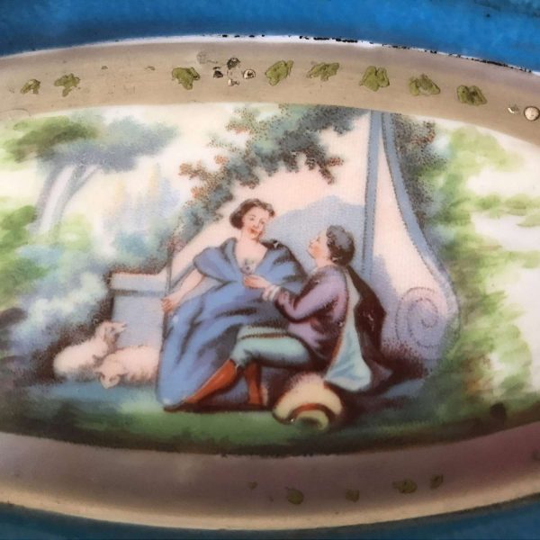Antique1850's-70's Sevres Ormolu Fountain Pen Holder and tray Fine bone china hand painted Courting couple Aqua Blue lavender green