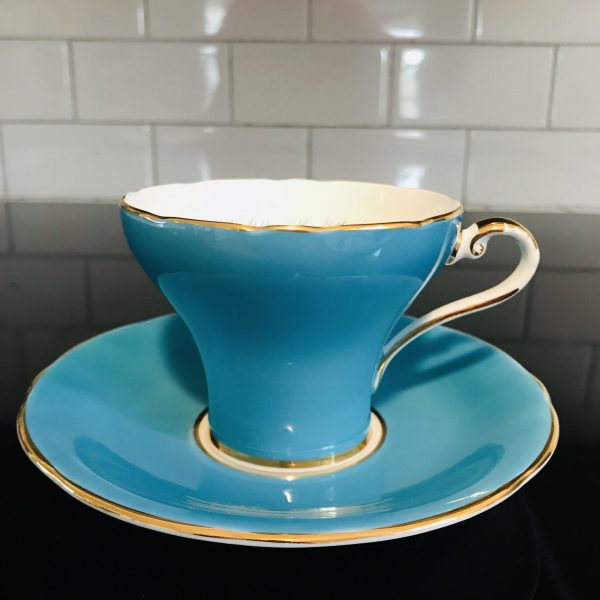 Aynsley Tea Cup and Saucer Corset True Aqua Blue with Feather pattern inside Fine bone china England Collectible Display Farmhouse coffee