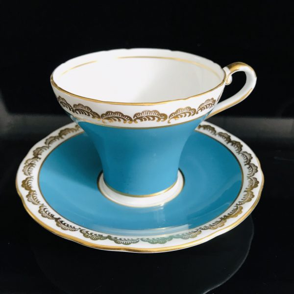 Aynsley Tea Cup and Saucer Corset True Aqua Blue with heavy gold trim Fine bone china England Collectible Display Farmhouse coffee