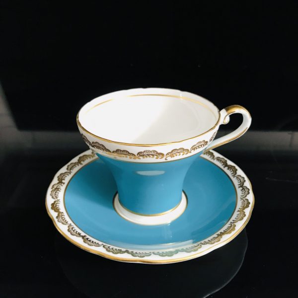 Aynsley Tea Cup and Saucer Corset True Aqua Blue with heavy gold trim Fine bone china England Collectible Display Farmhouse coffee