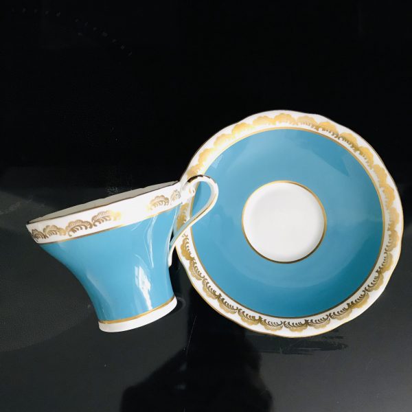 Aynsley Tea Cup and Saucer Corset True Aqua Blue with heavy gold trim Fine bone china England Collectible Display Farmhouse coffee