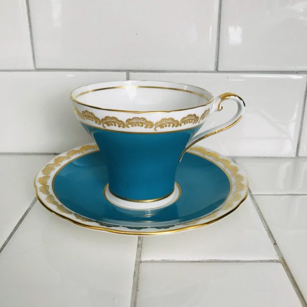 Aynsley Tea Cup and Saucer Corset True Aqua Blue with heavy gold trim Fine bone china England Collectible Display Farmhouse coffee