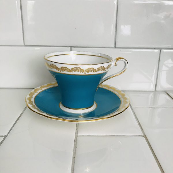 Aynsley Tea Cup and Saucer Corset True Aqua Blue with heavy gold trim Fine bone china England Collectible Display Farmhouse coffee