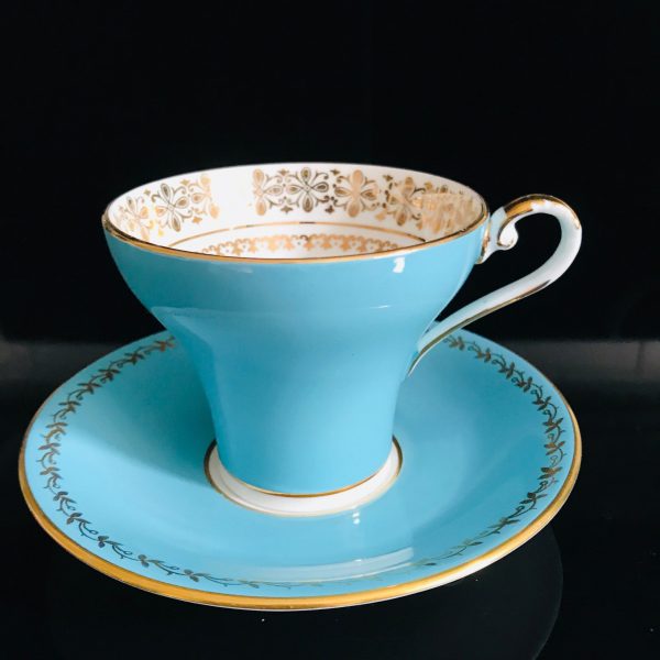 Aynsley Tea Cup and Saucer Corset True Aqua Blue with heavy gold trim inside Fine bone china England Collectible Display Farmhouse coffee