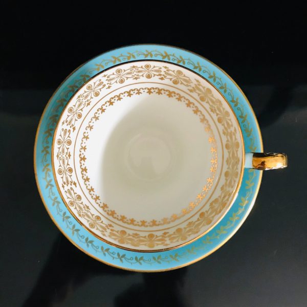 Aynsley Tea Cup and Saucer Corset True Aqua Blue with heavy gold trim inside Fine bone china England Collectible Display Farmhouse coffee