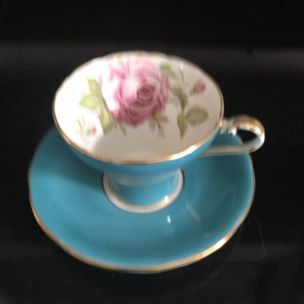 Aynsley Tea Cup and Saucer Corset Turquoise Blue with Large Pink Rose inside Fine bone china England Collectible Display Farmhouse coffee