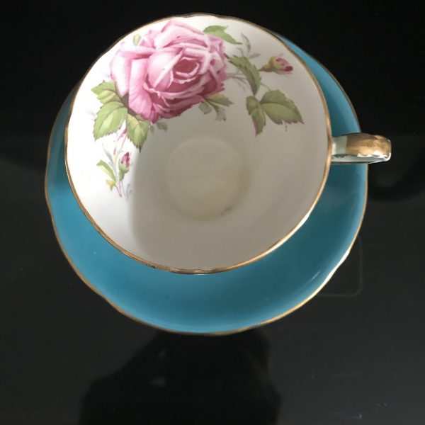 Aynsley Tea Cup and Saucer Corset Turquoise Blue with Large Pink Rose inside Fine bone china England Collectible Display Farmhouse coffee