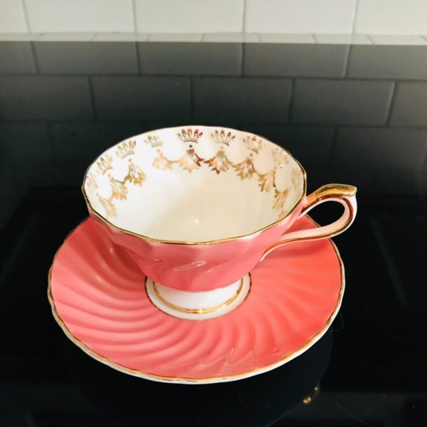 Aynsley Tea Cup and Saucer Fine bone china England Raspberry Pink heavy gold inside cup gold trim Collectible Display Farmhouse coffee