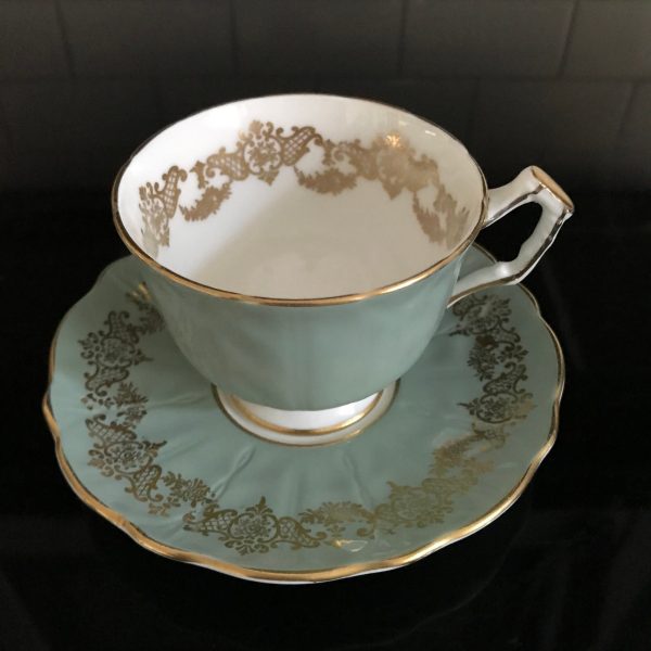 Aynsley Tea Cup and Saucer Fine bone china England Sage color gold pattern & trim Collectible Display Farmhouse Cottage Coffee