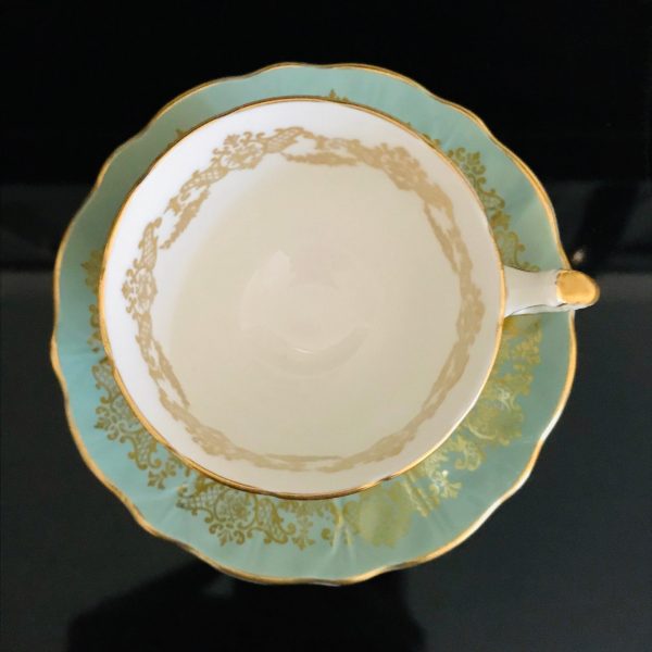 Aynsley Tea Cup and Saucer Fine bone china England Sage color gold pattern & trim Collectible Display Farmhouse Cottage Coffee