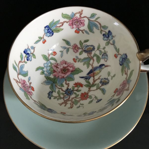 Aynsley Tea Cup and Saucer Fine bone china England sage green with Pembroke pattern birds flowers Collectible Display Farmhouse Coffee