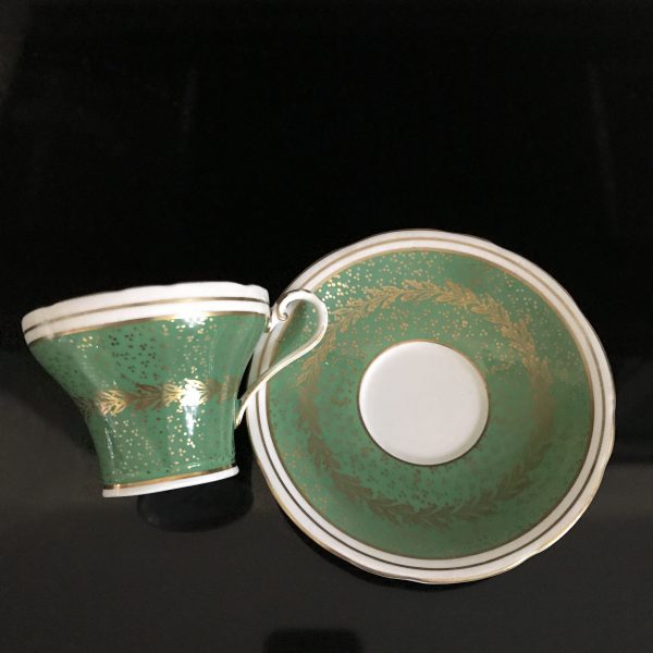 Aynsley Tea Cup and Saucer Green Ivory Gold laurel pattern Fine porcelain England Collectible Display Farmhouse Cottage