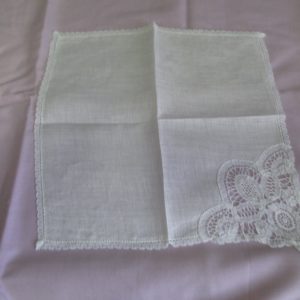 Beautiful delicate white lace corner hankie hand drawn cotton