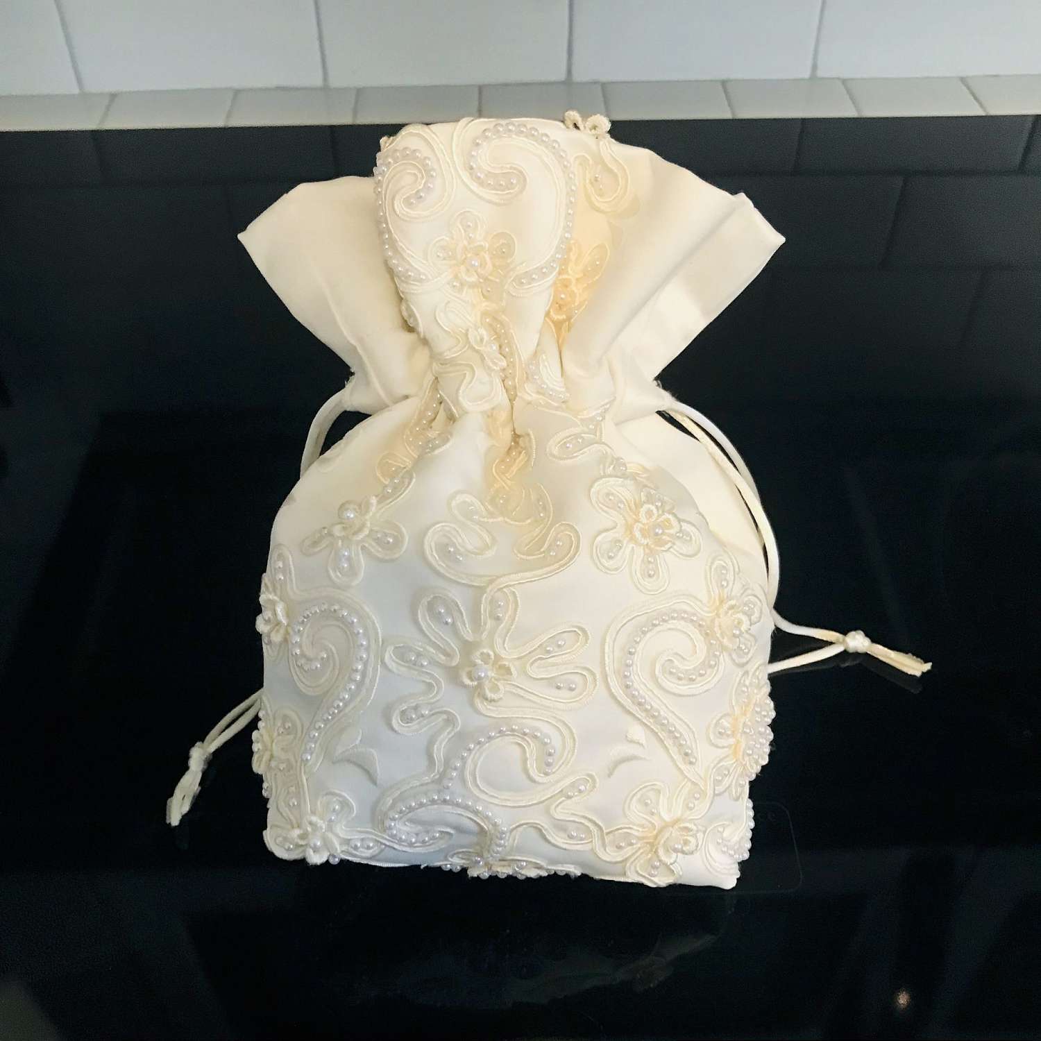 Beautiful Hand Made Satin Bridal Wedding Purse Dance Bag Made Of Wedding Dress Jewelry Bag Pearl Beaded Drawstring Travel Bag White On White 5df029d31 Scaled 