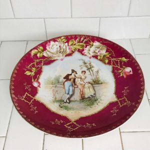 Beautiful large serving Platter tray wall decor Courting Couple hand painted roses burgundy rim heavy gold