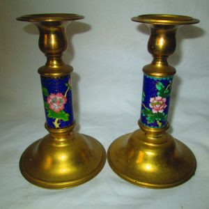 Beautiful Pair of Cobalt Cloisonne Candlestick holders Brass with Floral pattern cloisonne centers blue with pink floral