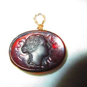 Beautiful Victorian Cameo Carved Stone Amber Color Womans Face wrapped in a gold wire Necklace fob drop