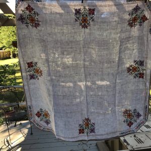 Beautiful Vintage Hand Embridered Linen Retro Kitchen Tablecloth 46"x48" Orange Peach light green floral farmhouse kitchen crochet trim