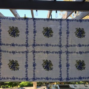 Beautiful Vintage Printed Cotton Retro Kitchen Tablecloth 36"x56" bright blue and olive green floral farmhouse kitchen crochet trim