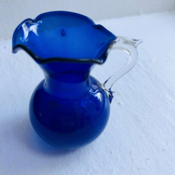 Blown Glass small pitcher applied clear ornate handle ruffled top cobalt blue farmhouse collectible display tiny fine glass
