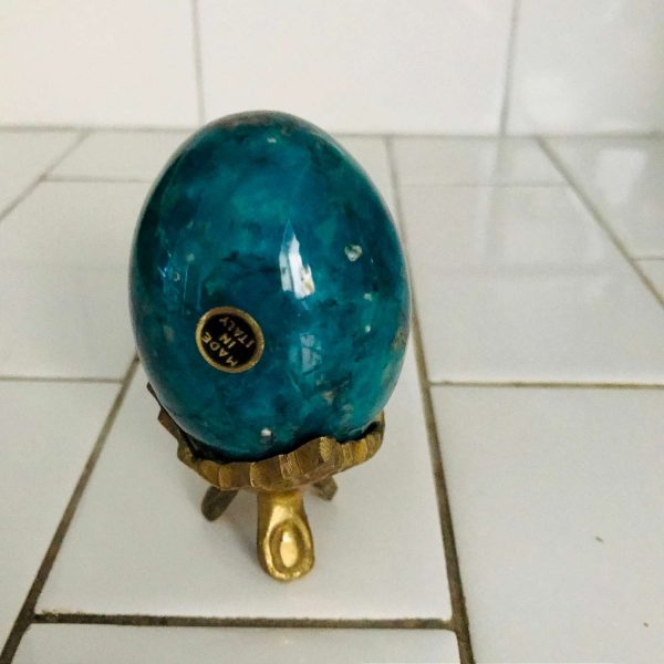 Blue Green Agate Egg on brass stand Italy fantastic coloring collectible display farmhouse cottage bedroom