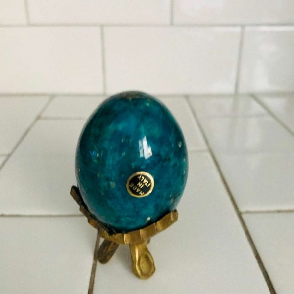 Blue Green Agate Egg on brass stand Italy fantastic coloring collectible display farmhouse cottage bedroom