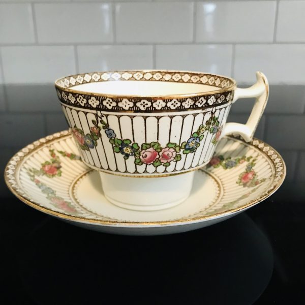 Booths England tea cup and saucer Fine bone china Victorian black stripes pink floral swags Antique gold trim farmhouse collectible display