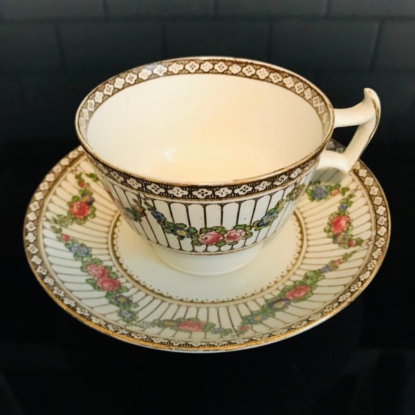 Booths England tea cup and saucer Fine bone china Victorian black stripes pink floral swags Antique gold trim farmhouse collectible display