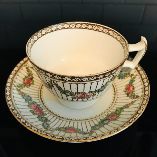 Booths England tea cup and saucer Fine bone china Victorian black stripes pink floral swags Antique gold trim farmhouse collectible display