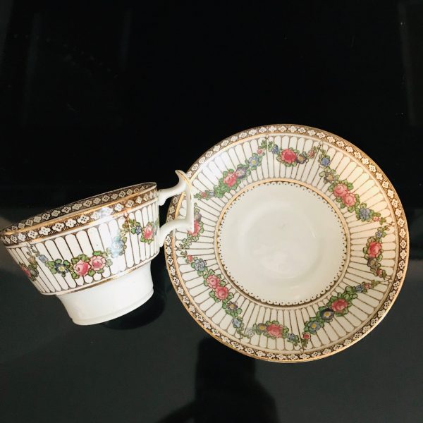 Booths England tea cup and saucer Fine bone china Victorian black stripes pink floral swags Antique gold trim farmhouse collectible display