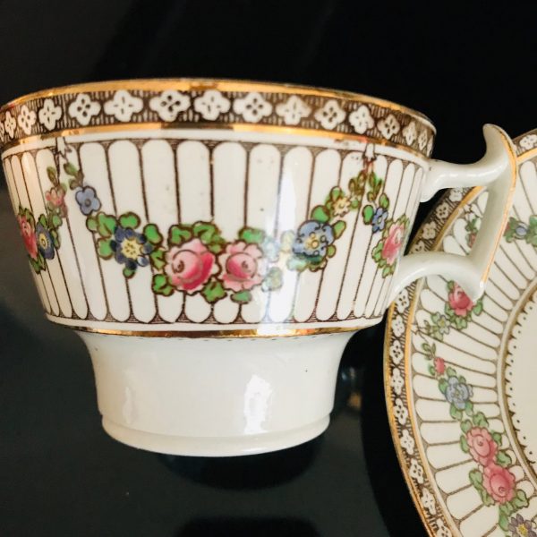 Booths England tea cup and saucer Fine bone china Victorian black stripes pink floral swags Antique gold trim farmhouse collectible display