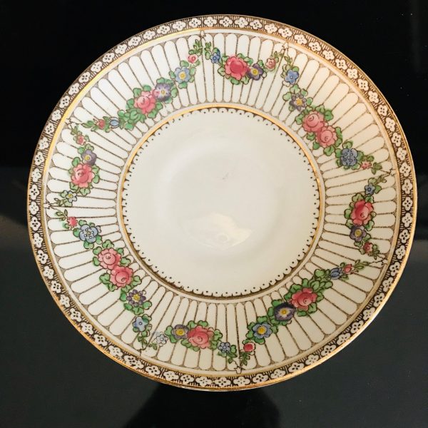 Booths England tea cup and saucer Fine bone china Victorian black stripes pink floral swags Antique gold trim farmhouse collectible display