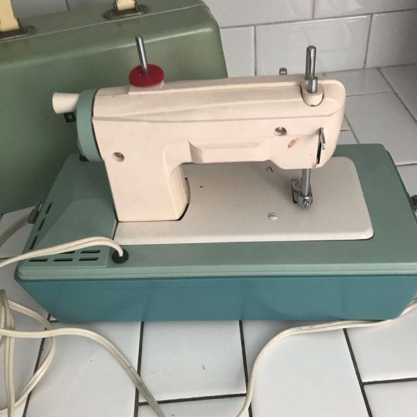 Child size Signature Juinor Electric sewing machine Light greeen medium blue All metal machine original 1950's Western Germany with case