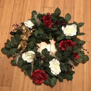 Christmas Wreath Beautiful Hand made Red and White Roses with Large Gold Cherub gold and red accents traditional farmhouse door wall holiday