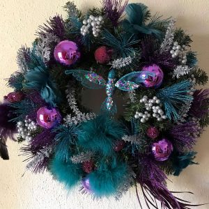 Christmas Wreath Beautiful  Hand made  Whimsical 26" Blue & Purple with purple and blue feather flowers Non traditional wreath hummingbird