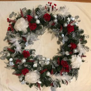 Christmas Wreath Hand made  Bridal Wedding December Red Roses & Snowball Feather flowers with feathers Silver Bird and accents 38"