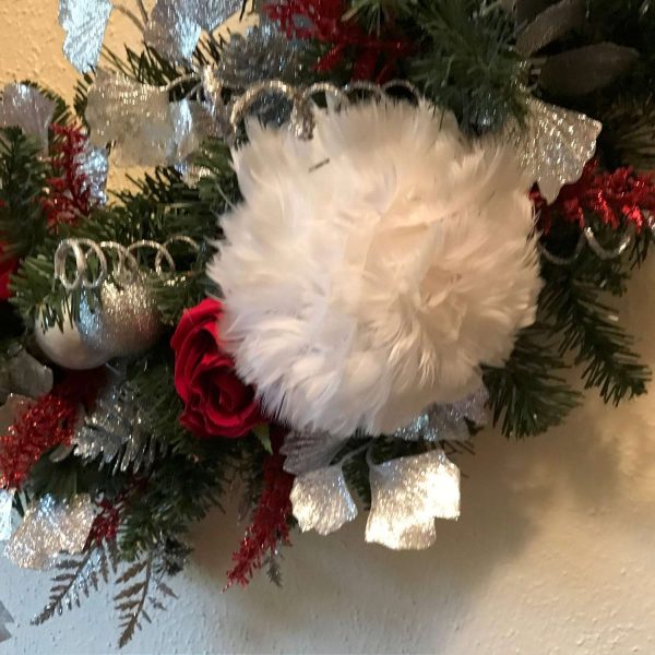 Christmas Wreath Hand made  Bridal Wedding December Red Roses & Snowball Feather flowers with feathers Silver Bird and accents 38"