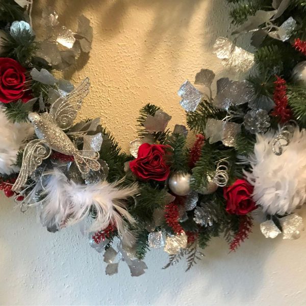 Christmas Wreath Hand made  Bridal Wedding December Red Roses & Snowball Feather flowers with feathers Silver Bird and accents 38"