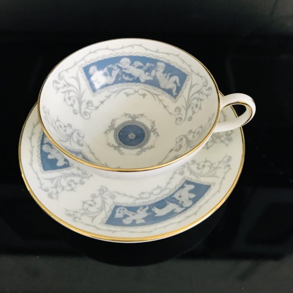 Coalport tea cup and saucer England Fine bone china blue with Cherubs & gray scrolls gold trim farmhouse collectible display coffee