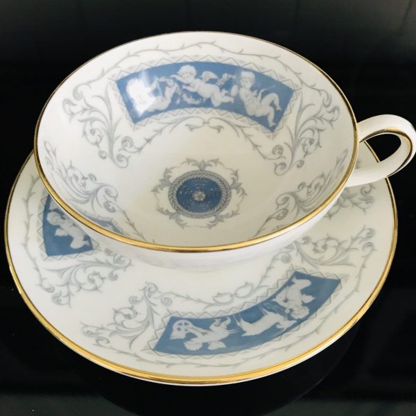 Coalport tea cup and saucer England Fine bone china blue with Cherubs & gray scrolls gold trim farmhouse collectible display coffee