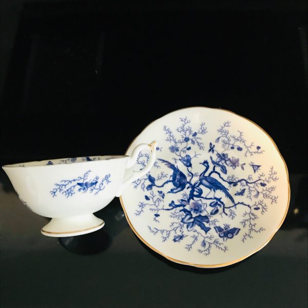 Coalport tea cup and saucer England Fine bone china Royal Blue Birds bugs trees pattern gold trim farmhouse collectible display