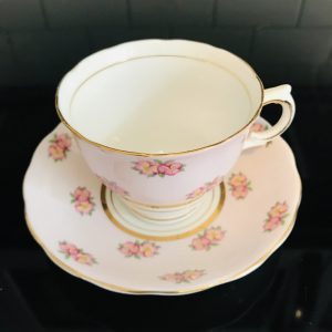 Colclough tea cup and saucer England Fine bone china Pink & yellow Roses on pink background dainty set farmhouse collectible display coffee