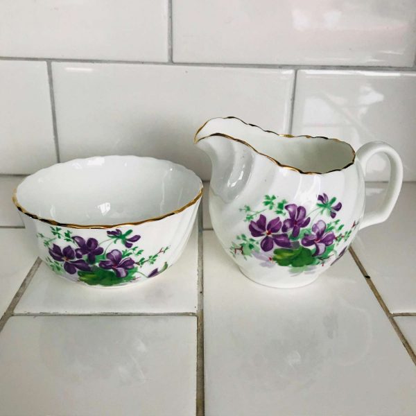Cream and Sugar Adderly England Violets Pattern gold Trim collectible fine bone china display farmhouse cottage table top