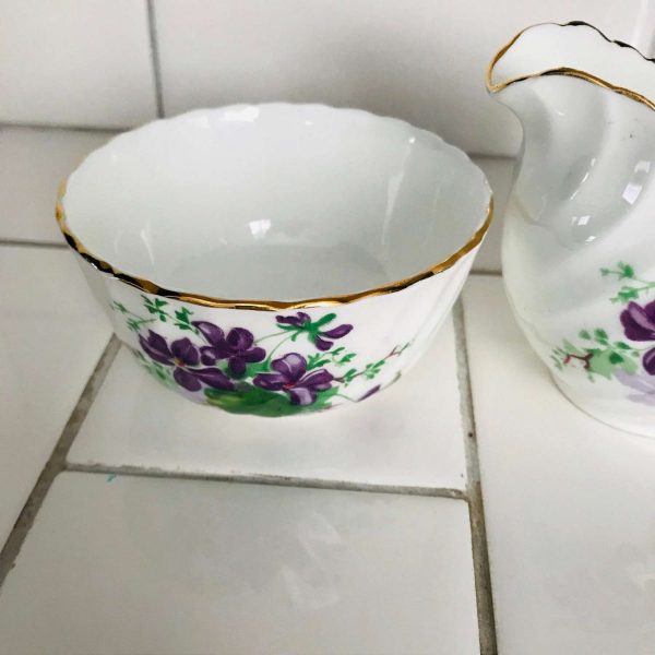 Cream and Sugar Adderly England Violets Pattern gold Trim collectible fine bone china display farmhouse cottage table top
